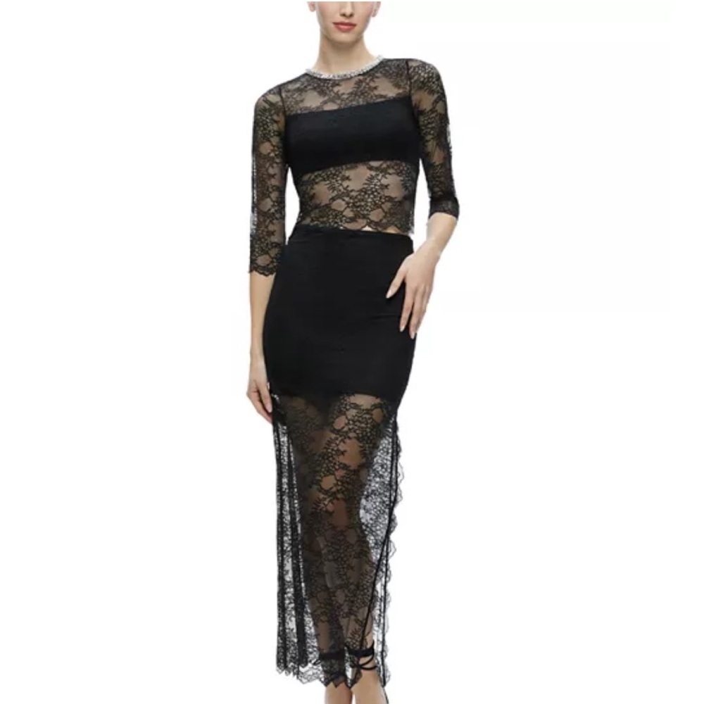 alice + olivia Vanita Embellished Neck Black Lace Crop Top Large - Picture 2 of 8